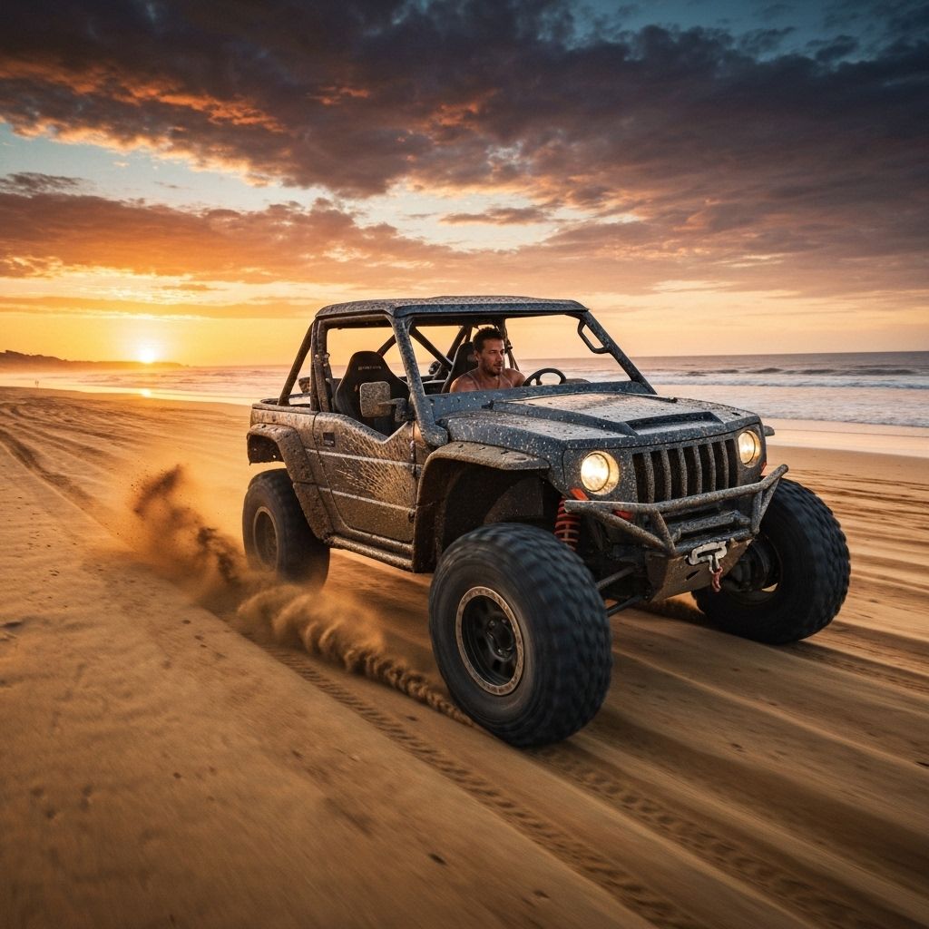 Off-road vehicle on beach at sunset